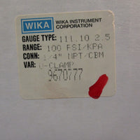Lot of (2) WIKA Gauge Type 111.10 2.5 0-100 psi/Kpa 1/4" NPT U-Clamp 9670777