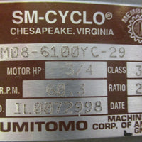 Sumitomo SM-Cyclo CNHM08-6100YC-29 Gearmotor 29:1 Ratio 3/4HP 1-1/8" Shaft Dia