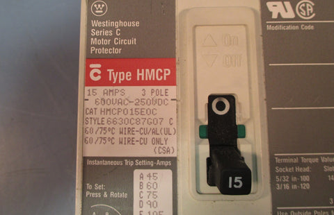 Westinghouse Ser C HMCP015E0C 15A Motor Circuit Protector Breaker No Aux