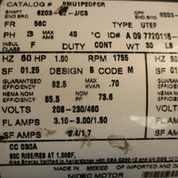 Nidec BMU1P2DFCR Brake Motor 3PH 1HP 5/8" Shaft Dia Shur Stop 105632106007 Brake