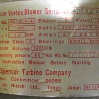 Spencer Vortex Blower VB019E 3PH 2 Pole 60Hz 200/230/460V 2.2kW 160CFM