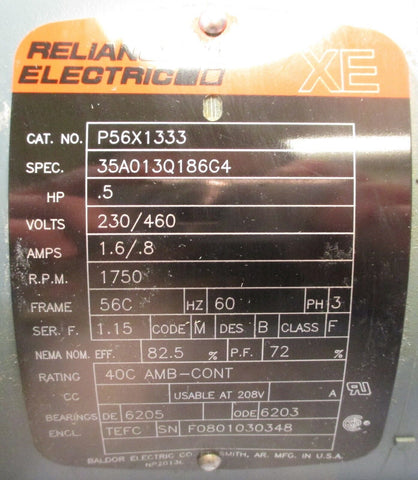 Reliance Electric 3 Phase Motor Model P56X1333 230/460V 0.5 HP NWOB