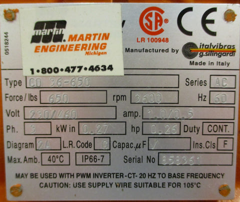 Martin Engineering CD 36-650 Electric Vibrator 3600RPM Series AC 3PH 0.27kW