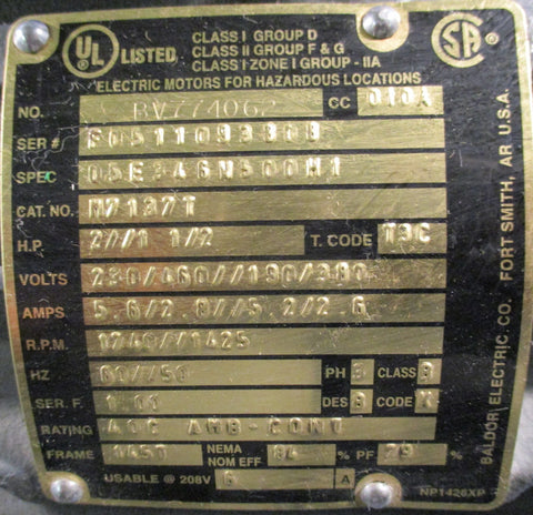 Baldor Electric Motor 35CB1500 1740rpm 60Hz 1.00 Sf 1437 Frame