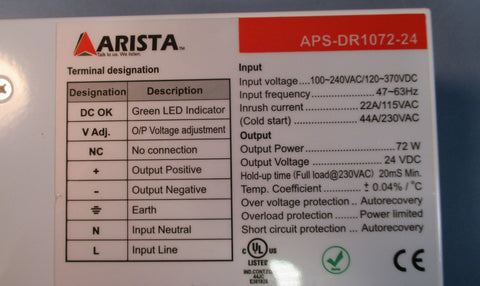 Arista APSDR107224 DINRail Power Supply Single Output 72W 24 VDC