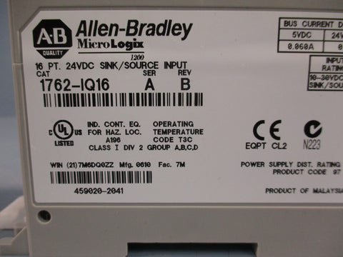Allen Bradley 1762-IQ16 SER A MicroLogix 24VDC Input Rev B
