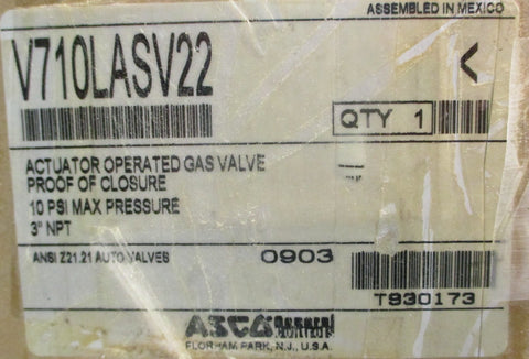 ASCO V710LASV22 Gas Valve 3" NPT 10 PSI Max Actuator Operated