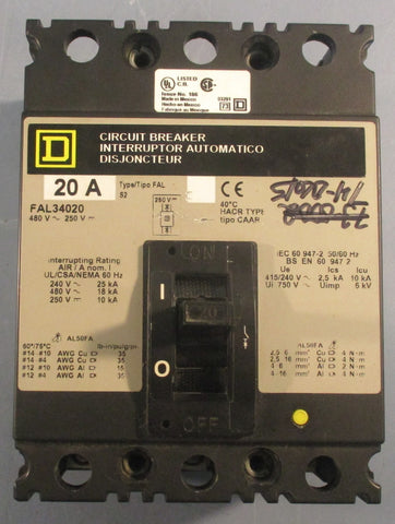 Square D FAL34020 Circuit Breaker 20A 50/60Hz 3 Pole 480V 6" Length