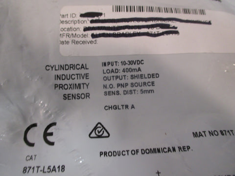 AllenBradley Cylindrical Inductive Proximity Sensor Series B 871TL5A18