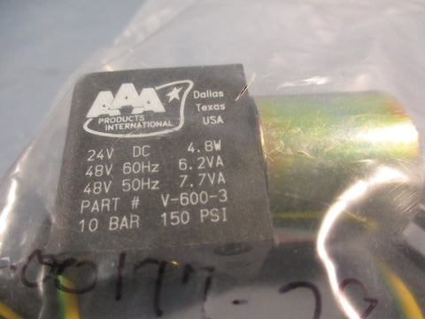 AAA Products Int. Part#V-600-3 150PSI, 24V DC, 4.8W 48V 50/60Hz Valve Coil