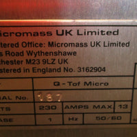 MicroMass QTof Micro Mass Spectrometer 1 Ph, 230 V w/ No Power Cord