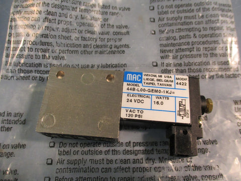 Mac Valves 44B-L00-GEM0-1KJ Solenoid Valve 24VDC 16 Watts 120 PSI