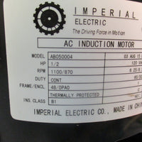 Imperial Electric Model AB050004, 1/2 HP, 1100 RPM 1 Phase AC Induction Motor