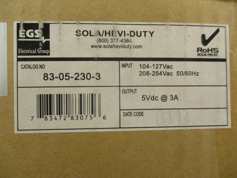 Sola / HeviDuty 83052303 Power Supply 115230 VAC 3A 15W 5 VDC