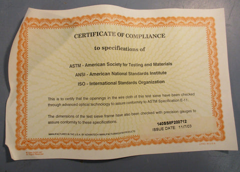 VWR 57334-476 #140 U.S Standard Testing Sieve 8" Dia 0.071 Wire Dia Full Height