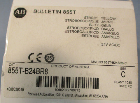 Allen Bradley 855T-B24BR8 Ser C Yellow Strobe Stack Light 24V AC/DC