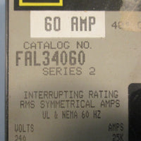 Square D FAL34060 Thermal-Magnetic Circuit Breaker 60 Amp 480VAC 250VDC Series 2