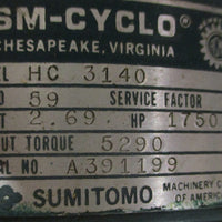 Sumitomo SMCyclo HC3140 Speed Reducer 59:1 Ratio 1750RPM 17/8" Shaft Dia NOS
