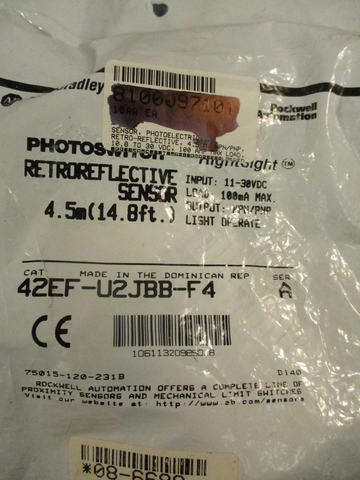 ALLEN BRADLEY RIGHTSIGHT 42EF-U2JBB-F4 PHOTOSWITCH RETROFLECTIVE SENSOR SERIES A