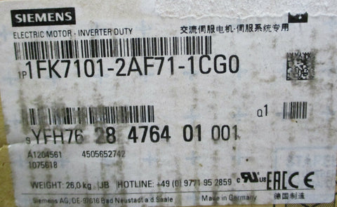 Siemens 1P 1FK71012AF711CG0 Inverter Motor Simotics 3, 27 Nm, 5000 RPM