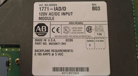 Allen Bradley 1771IAD/D Rev. B03 120V AC/DC Input Module Series D Used