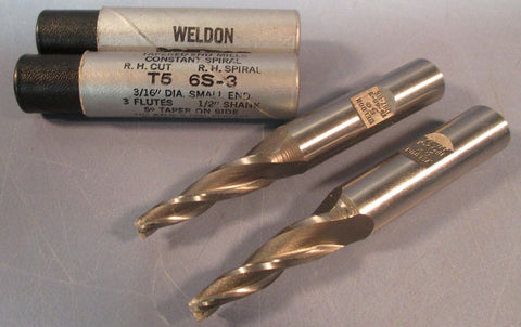 Lot of 2 Weldon 5° TaperedEndMill:Constant Spiral T5 6S-3,3/16"DIA,1/2"SHK,3FL,U