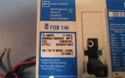 Cutler Hammer FDB3015L Ser C FDB 14K 15A Circuit Breaker w/ Aux Switch Used