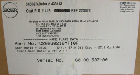 Stober C202G0210MT10F Precision Gearhead 20.6:1 11/4" Shaft Dia 3/4" Bore