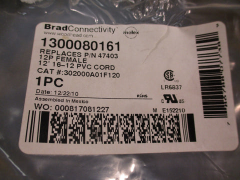 Brad Connectivity Woodhead 302000A01F120 / 1300080161 12P Female Cordset