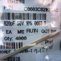 Kemet C0603C821K5RACTU Ceramic Capacitor, 0603, 820pF, 50V, 10% T, 4072 pcs