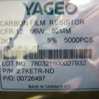 Yageo CTR12JB2K7 Carbon Film Resistors, 2.7K ohm, 5%T, 200V, reel of 999 pcs