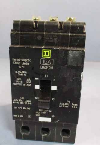 SQUARE D EGB CIRCUIT BREAKER 15AMP, 3 POLRE, 240/400 VAC 480VOLT EGB34015