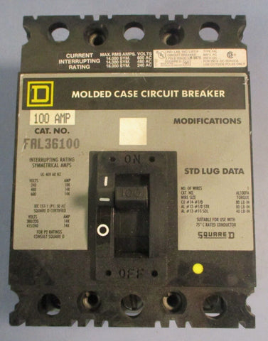 Square D FAL36100 Molded Case Circuit Breaker 100A 3 Pole 600VAC 250VDC