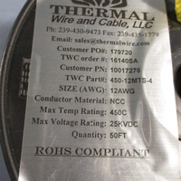 THERMAL WIRE & CABLE Flame Rod High temp wire 12AWG, NCC, 450C 50FT 45012MTS4