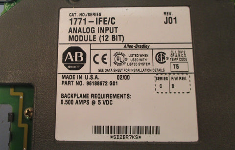 Allen Bradley 1771-IFE/C Rev. J01 Analog Input Module (12 Bit) Series C Used