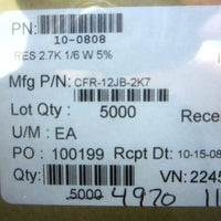 Yageo CTR12JB2K7 Carbon Film Resistors, 2.7K ohm, 5%T, 200V, reel of 999 pcs