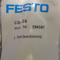 Festo 194587 Push In L Connector CQL28 28mm 0.95bar…10bar  Lot of 2