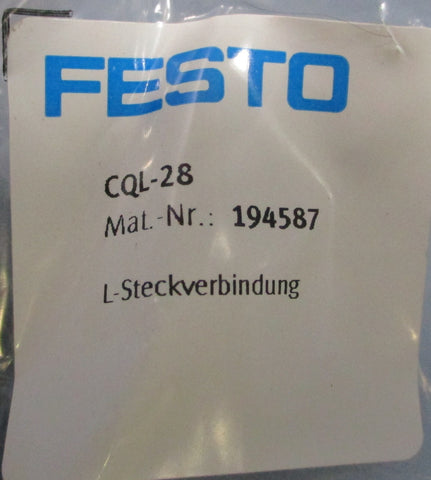 Festo 194587 Push In L Connector CQL28 28mm 0.95bar…10bar  Lot of 2