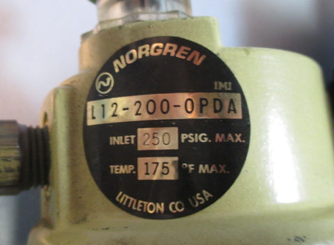 Norgen L12-200-OPDA 250 PSI Lubricator w/ Watts 8119-020 Pressure Regulator Used