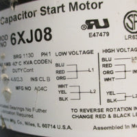 Dayton 6XJ08 Capacitor Start Motor 1/4 HP 1725 RPM 1 PH 1/2" Shaft Dia