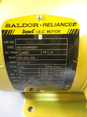 BALDOR SUPERE I.E.C. MOTOR KW .75 208230/460V RPM: 1760 3 PHASE 60 HZ MM3546