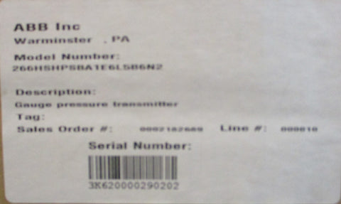 ABB 2600T 266HSH Pressure Transmitter 266HSHPSBA1 E6L5B6N2 10.542VDC 3045PSI
