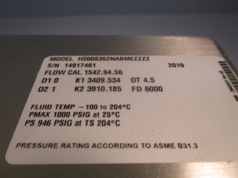 Micro Motion 14917461 S/S H-Series Mass Flow Sensor Model H200S352NABMEZZZZ