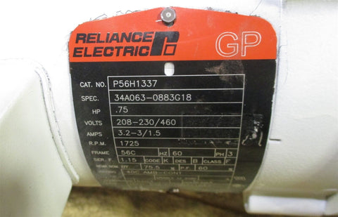 Reliance P56H1337 3/4 HP Gear Motor w/ Groove Gear TXQ-4 4:1 & TMQ1206-1 100:1