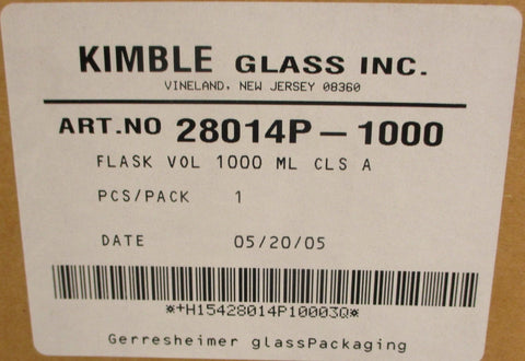 Kimble Kimax 28014P-1000 Volumetric Flask 1000 mL Polyethylene Stopper Class A