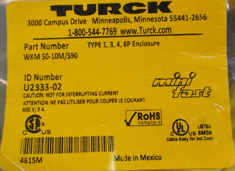 Turck WKM 50-10M/S90 Cordset U2333-02 Type 1,3,4,6P Enclosure 10m Long