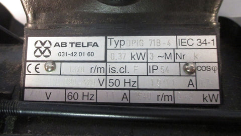 AB Telfa DPIG 71B-4 Motor 0.37kW w/ Caster Pumps MPA 214 A PW 316 T Used