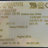 Sew Eurodrive SA47/T DRN80M4/DH Gearmotor 230/460V 1751/54rpm 1.0hp 3.1/1.56A