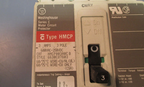 Westinghouse HMCP003A0C B Ser. C Motor Circuit Protector Breaker 3A, 3 Pole Used