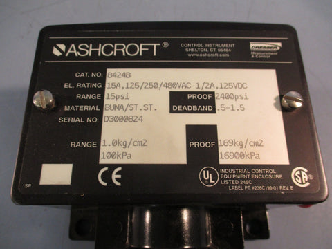Ashcroft B424B Pressure Switch 15Psi 15A 125/250/480VAC 1/2A, 125VDC